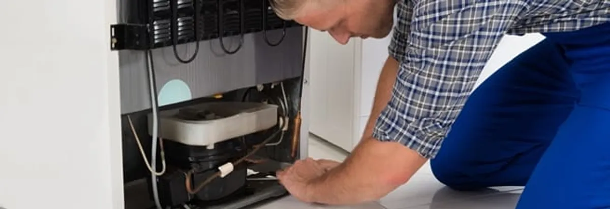 Refrigerator repair technician servicing the compressor and condenser area in Saint Petersburg, FL