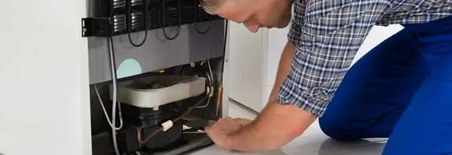 Refrigerator repair technician servicing the compressor and condenser area in Saint Petersburg, FL