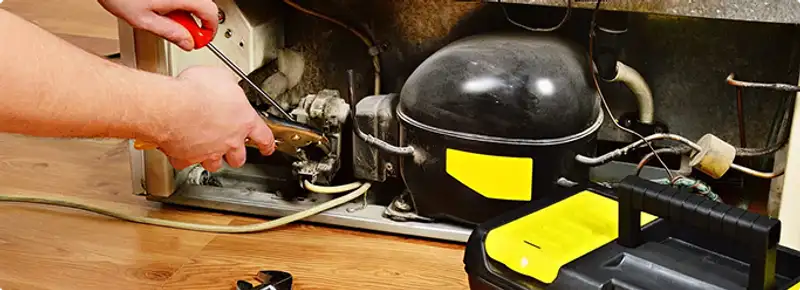 Refrigerator repair technician fixing the compressor and wiring in Saint Petersburg, FL